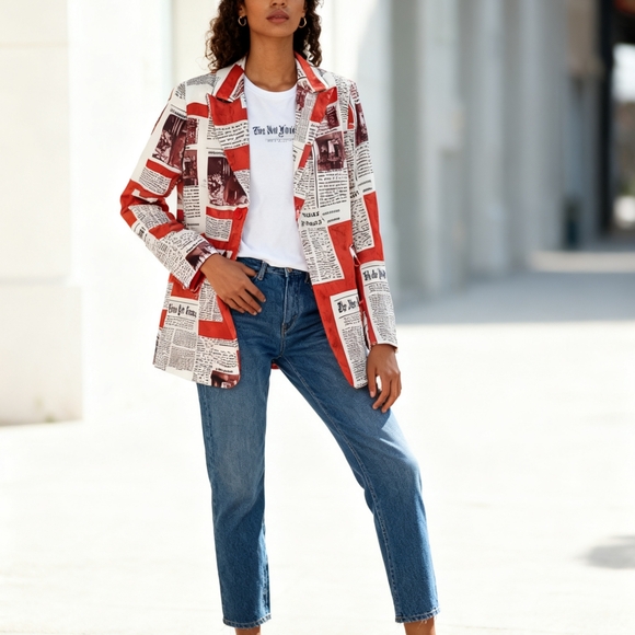 Chic Red and White Newspaper Print Blazer - Picture 1 of 10